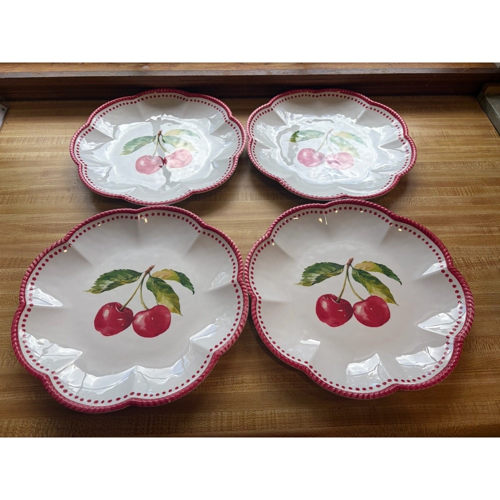 Cherry Melamine Dinner Plates Set of 4 Scalloped Red White Cottagecore 11"